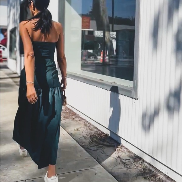 ZARA Dark Green Strapless Bandeau Long Dress with Topstitching Size S - Picture 3 of 5